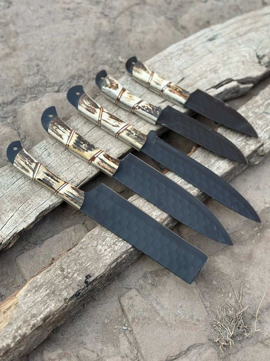Personalized Chef set Handmade Carbon Steel Chef Knife Set Deer horn handle Gift For Father Kitchen Knife Groomsmen Wedding Gift For Him