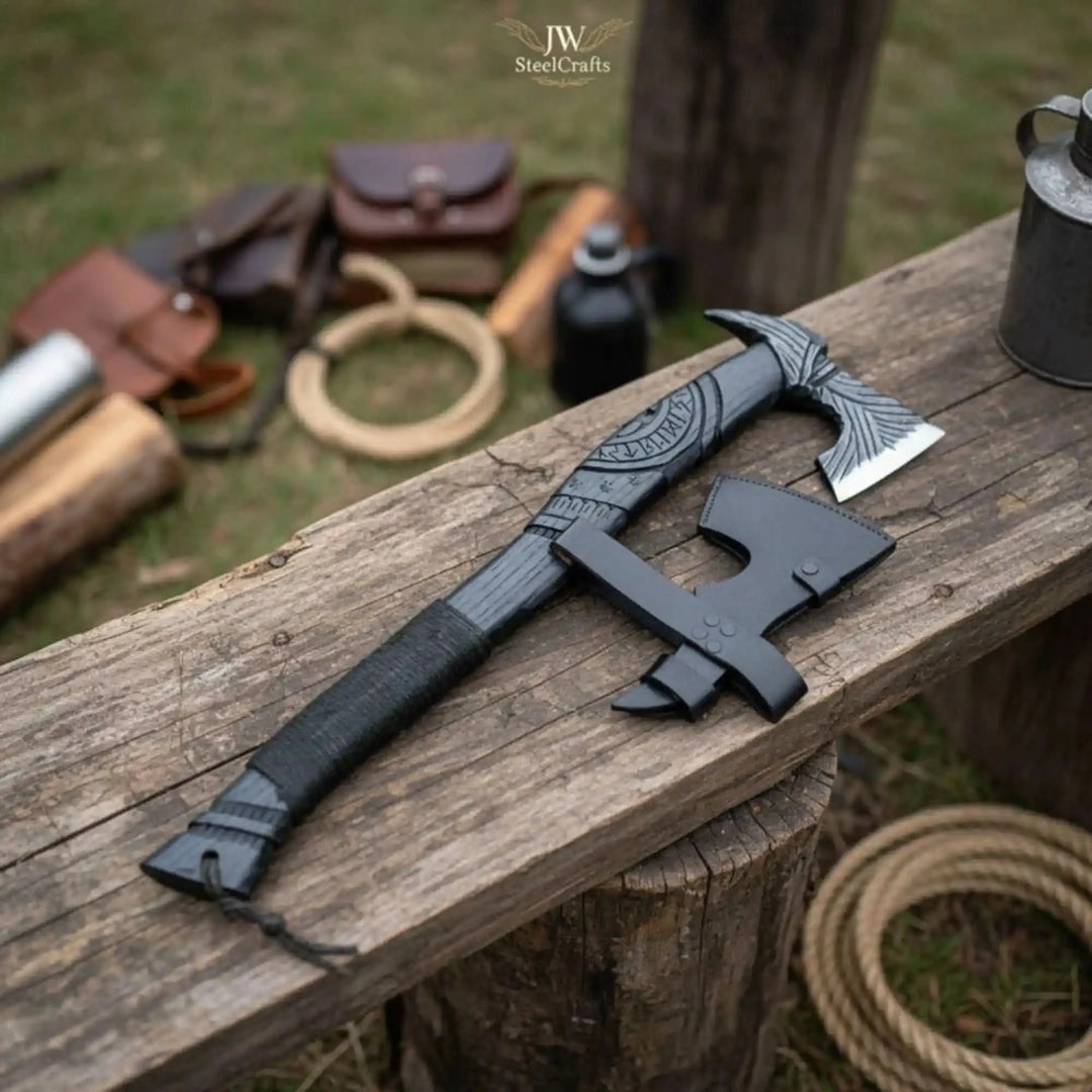 Brimclaw-themed Norse survival hatchet featuring decorative Nordic engravings and tactical black finish beside camping gear.