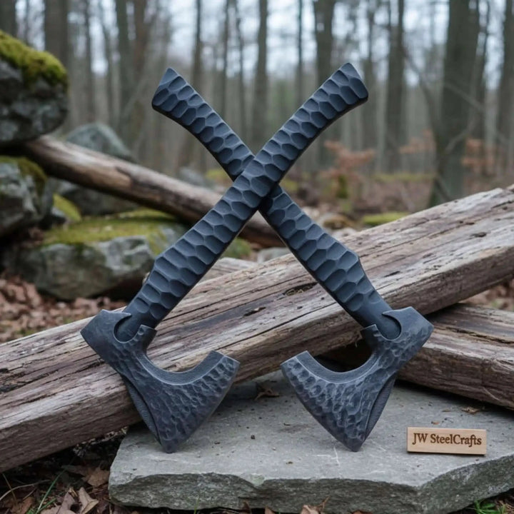 Brimstoneclaw-themed Norse battle hatchets featuring hammered black steel textures and crossed axe presentation outdoors.