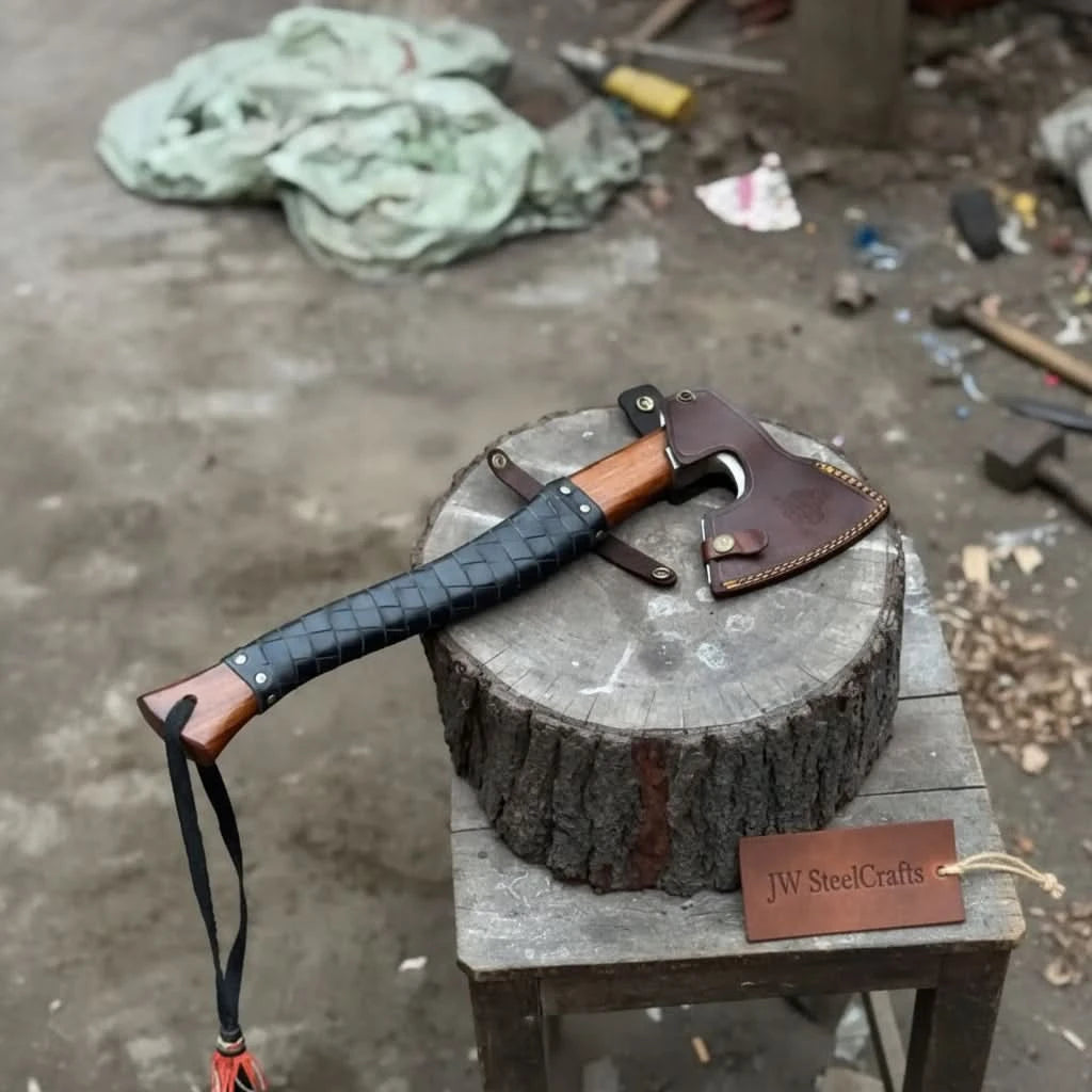 Brimveil-themed Norse battle axe featuring handcrafted wooden grip and stitched leather sheath outdoors.