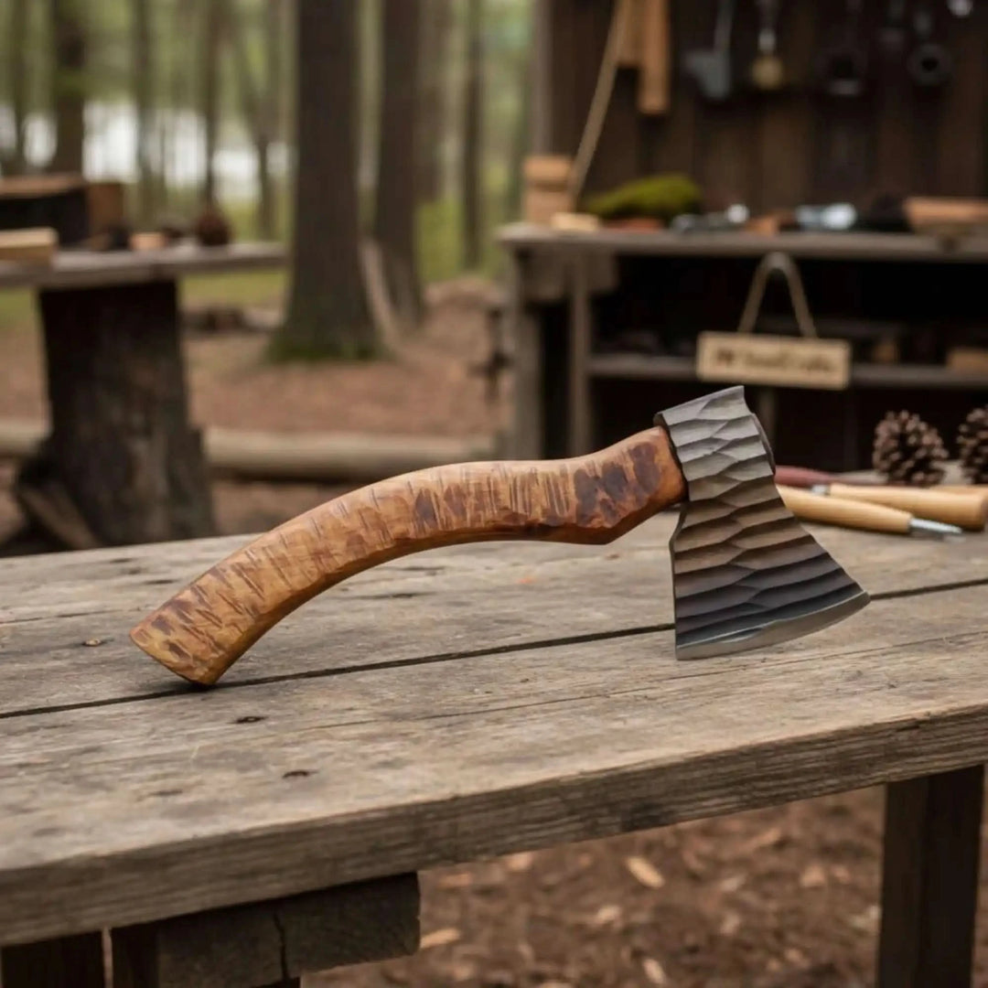 Brimcliff-themed Norse craft axe featuring hammered steel blade textures and polished natural wood craftsmanship.