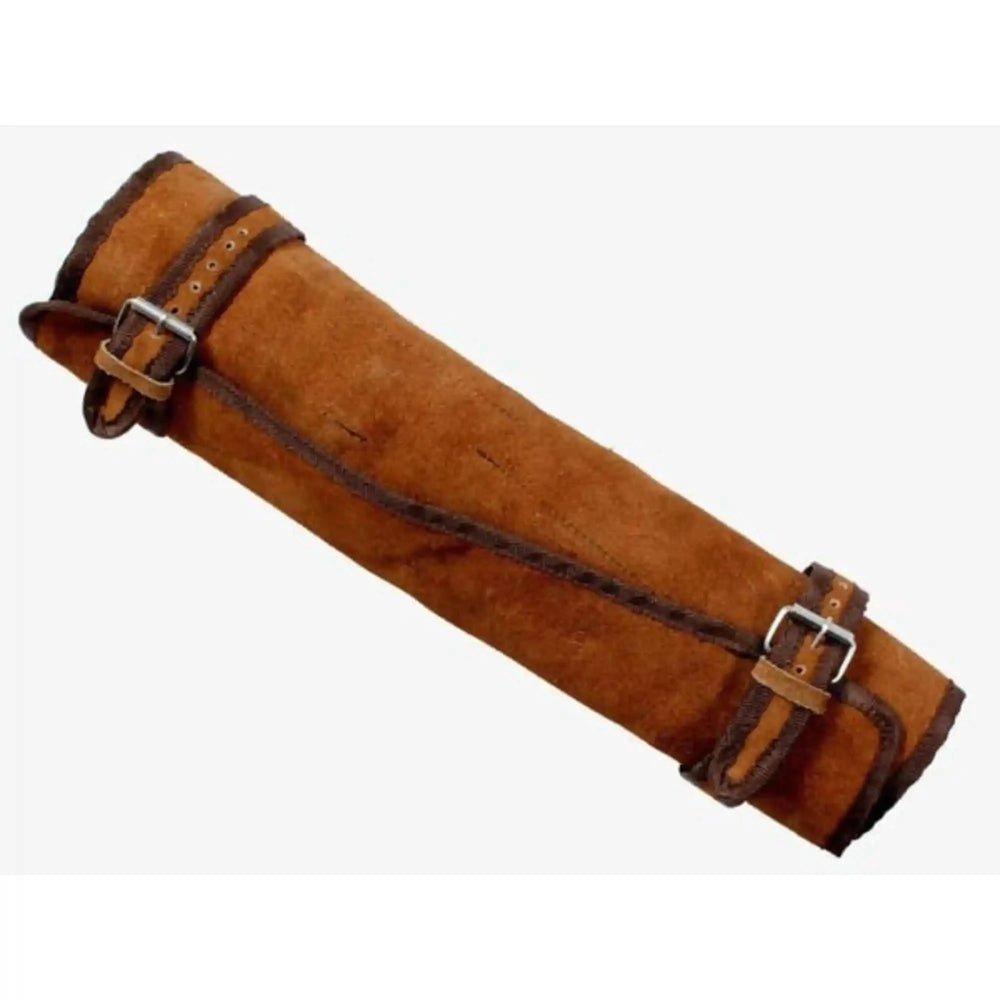 High quality leather chef knife wrap displayed neatly to highlight artisan craftsmanship and durable construction.