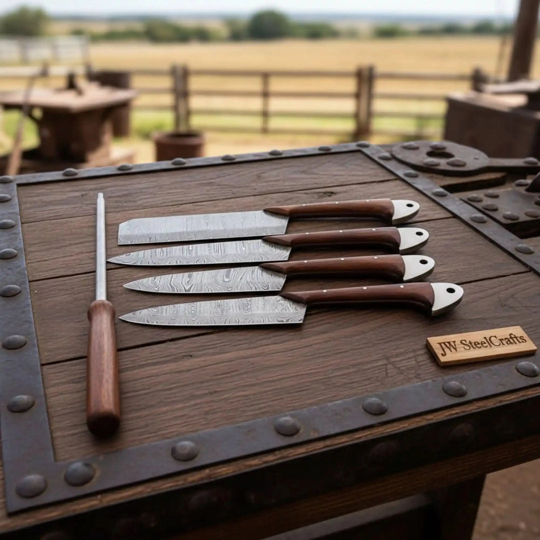 Luxury chef cutlery photographed in rustic ranch setting emphasizing premium materials and refined craftsmanship quality.