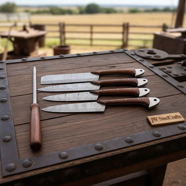 Luxury chef cutlery photographed in rustic ranch setting emphasizing premium materials and refined craftsmanship quality.
