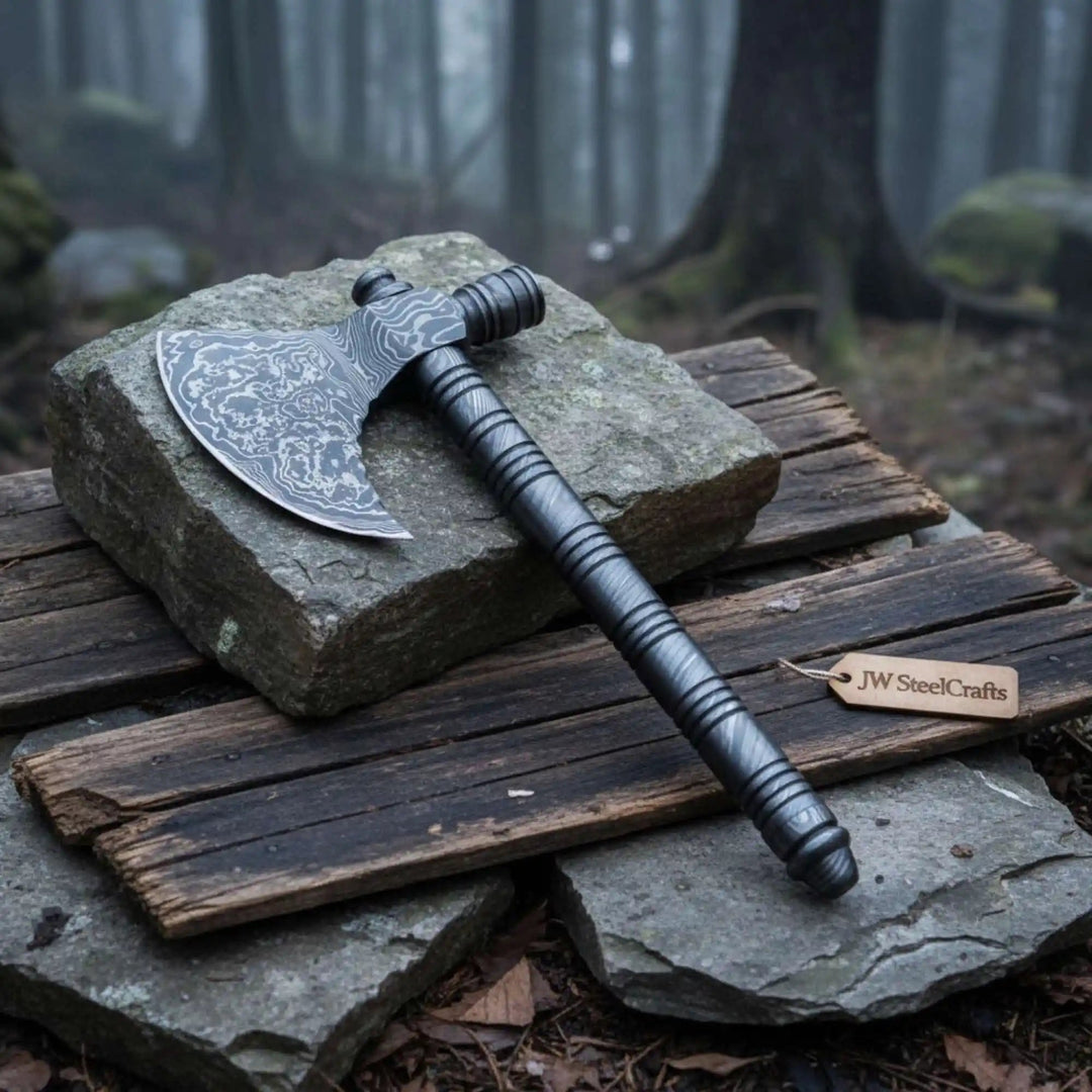 Artisan Damascus Smoking Axe – Functional Tobacco Pipe with Sculpted Hardwood Shaft handmade Handmade Axe by JW SteelCrafts