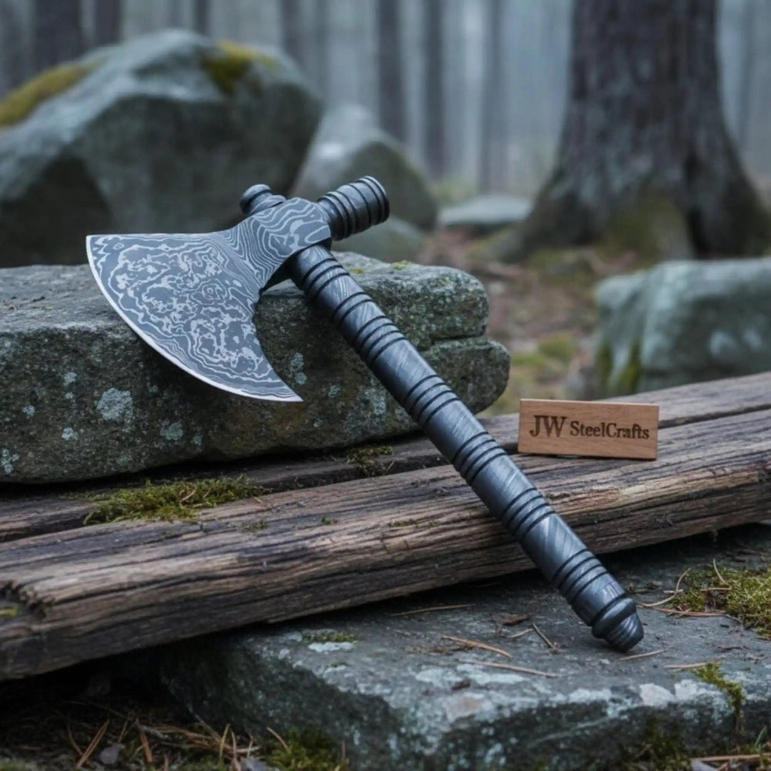 Artisan Damascus Smoking Axe – Functional Tobacco Pipe with Sculpted Hardwood Shaft handmade Handmade Axe by JW SteelCrafts
