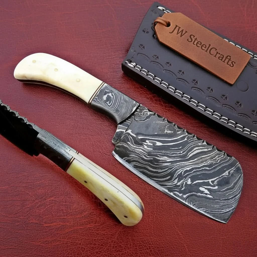 Decorative spine Damascus butcher knife with ivory handle and black cover