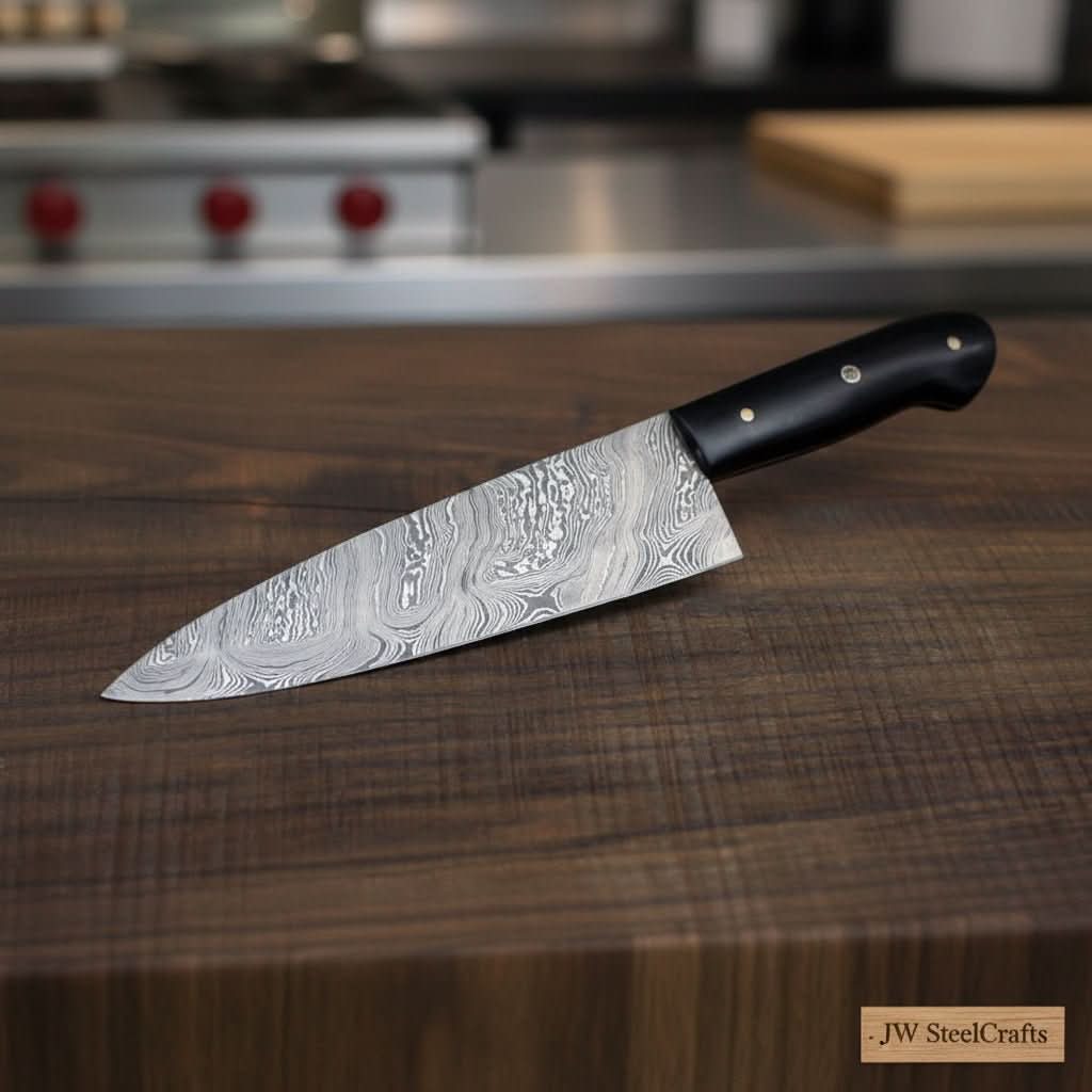     Arranged on a dark wooden board, the Damascus chef knife displays its decorative blade texture.
