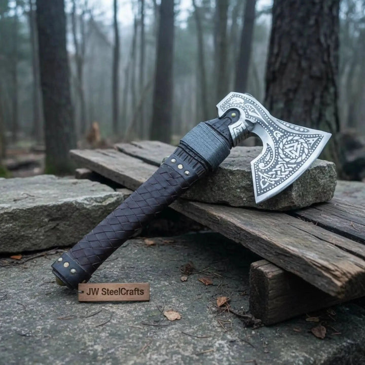 Forged Celtic war hatchet with engraved silver blade and sturdy leather-bound handle displayed outdoors.
