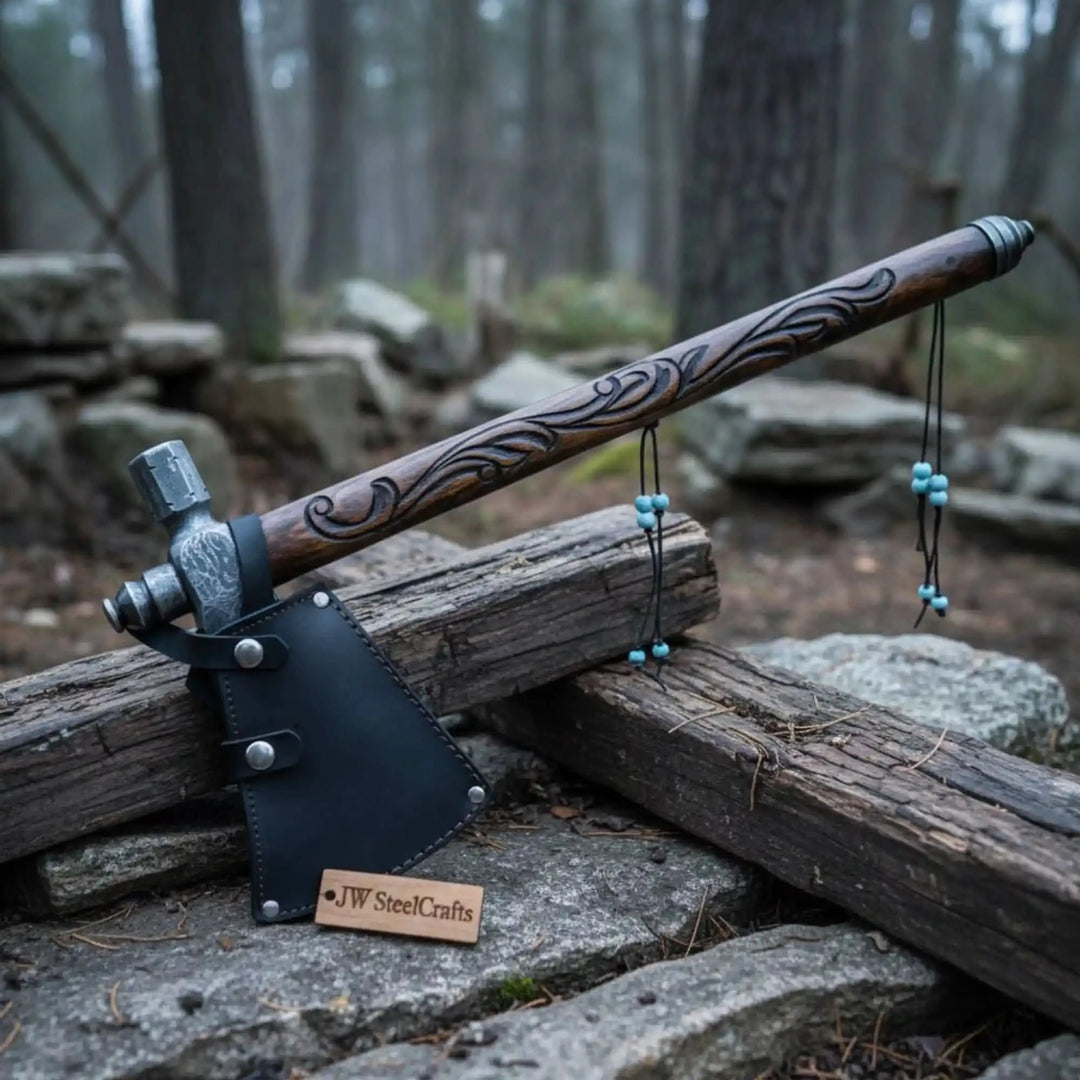     Premium handcrafted Damascus hammer axe designed for camping and collection, showcased with carved wood handle and leather sheath outdoors.