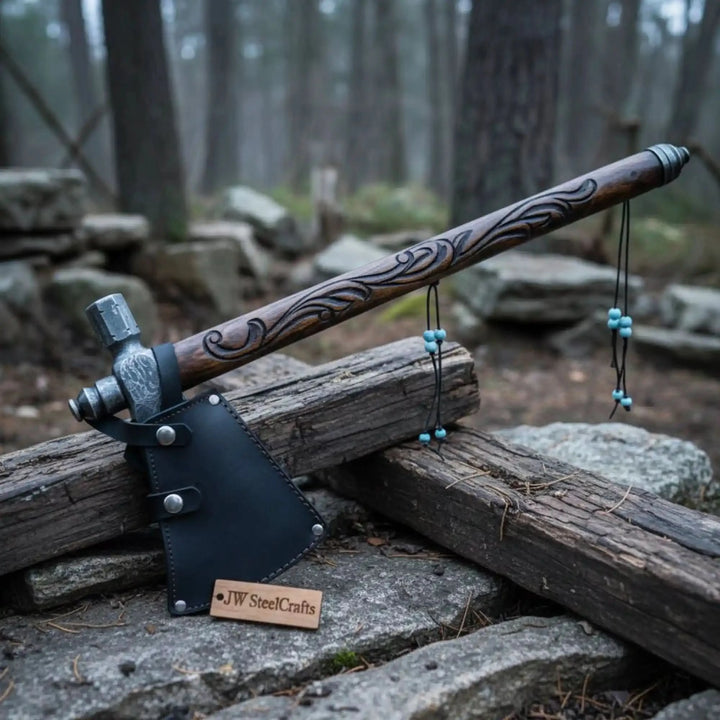    Premium handcrafted Damascus hammer axe designed for camping and collection, showcased with carved wood handle and leather sheath outdoors.