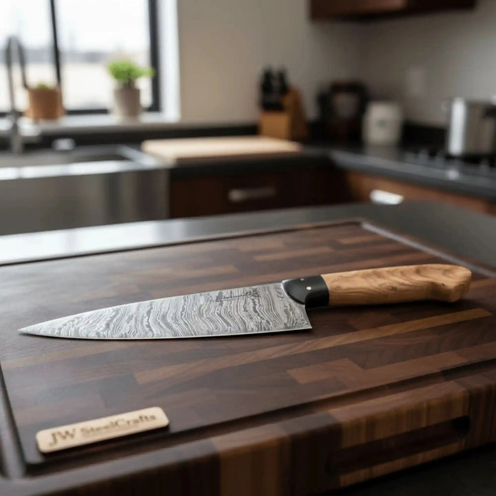 Bright Damascus kitchen blade with olive handle held against blurred earth tones