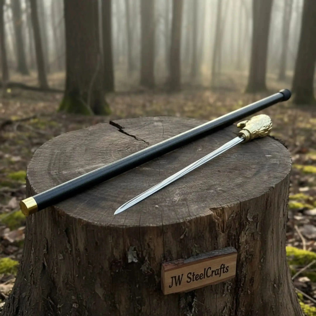   Depicting a collector-style walking cane, the image focuses on the handle and blade arrangement