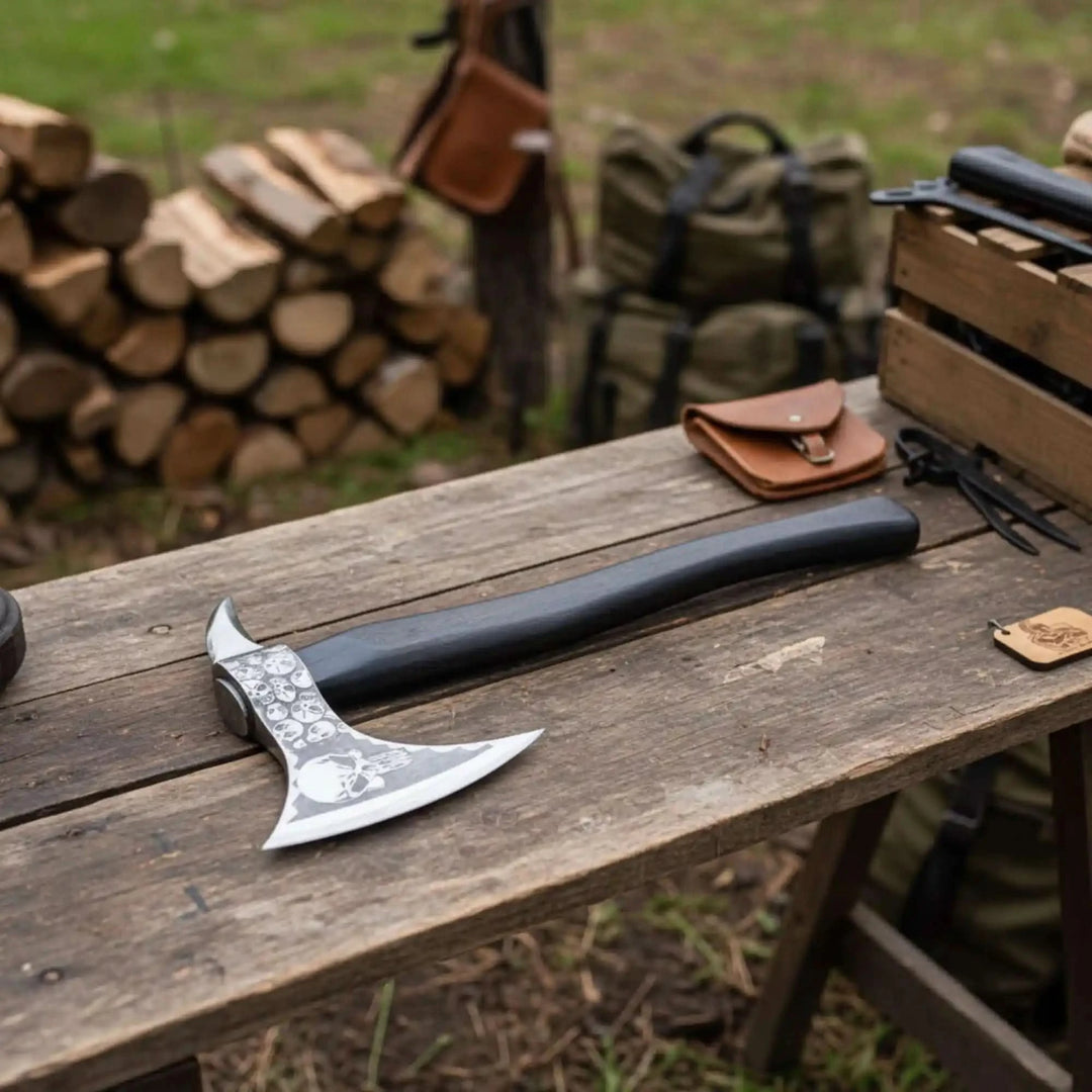 Bloodveil-themed Nordic camping axe displaying decorative steel carvings and rugged tactical styling outdoors.