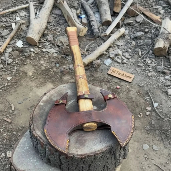 Valefang-themed Norse double-edge weapon with handcrafted crescent blades and rustic wooden grip outdoors.