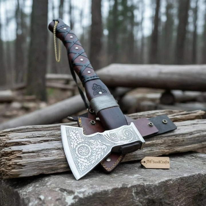 Blackspire-themed Nordic combat hatchet featuring decorative floral steel engravings and polished Viking blade surface.
