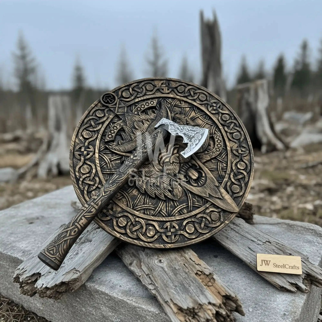 handcrafted Viking shield with carved raven motif and matching Norse-engraved axe displayed as a coordinated wall set

