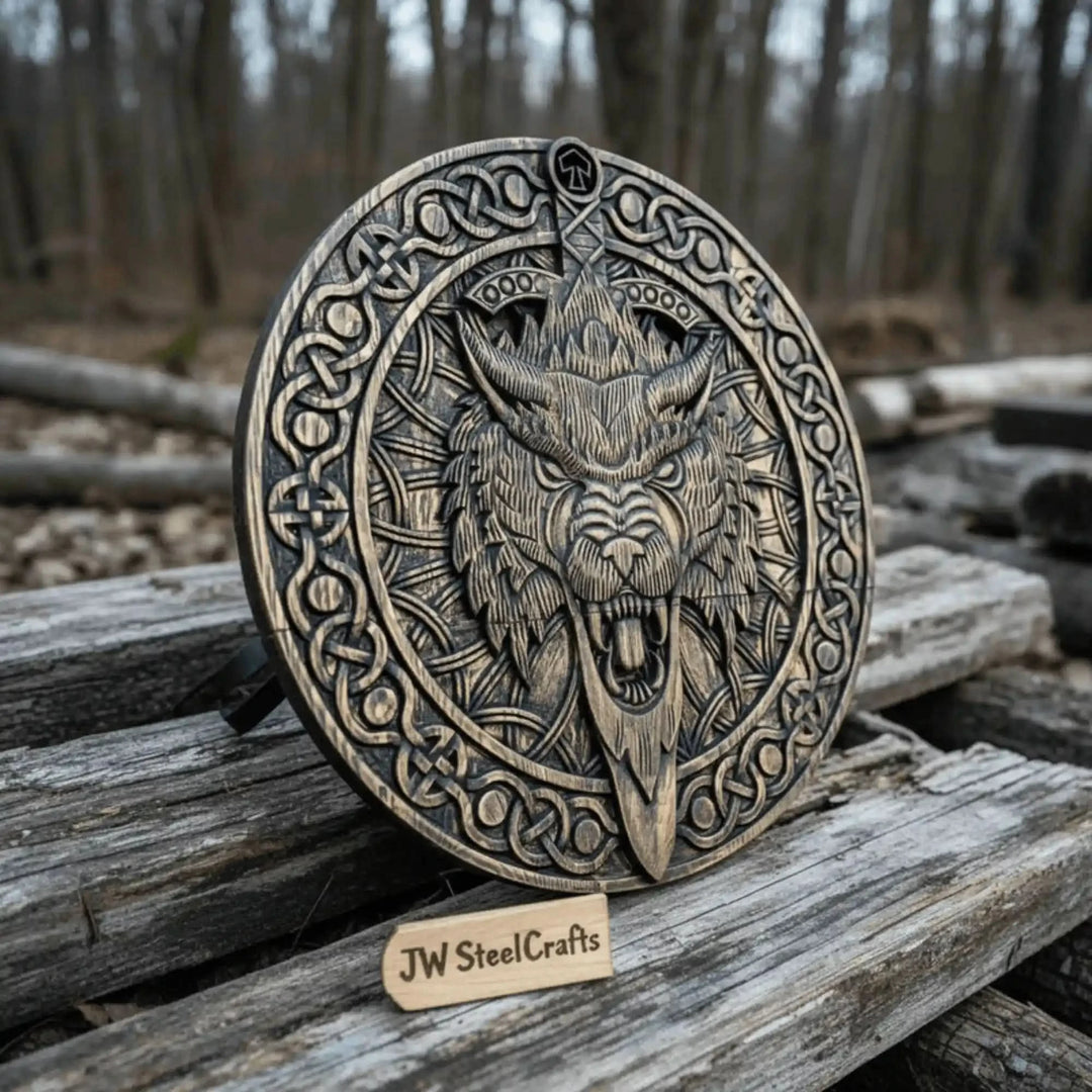 Carved Viking shield with Nordic knotwork and central raven motif in detail showing hand-carved depth and finish quality