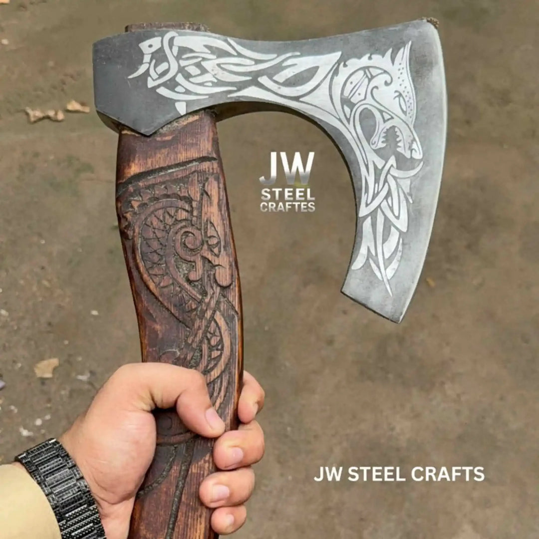 Blackfang-themed Norse raven battle axe featuring artistic silver blade engravings and handcrafted wooden grip.
