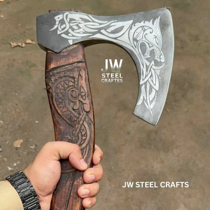 Blackfang-themed Norse raven battle axe featuring artistic silver blade engravings and handcrafted wooden grip.