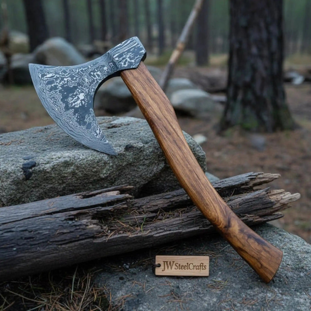 Beacon-themed Norse handcrafted war axe featuring artistic Damascus blade patterns and curved hardwood shaft outdoors.
