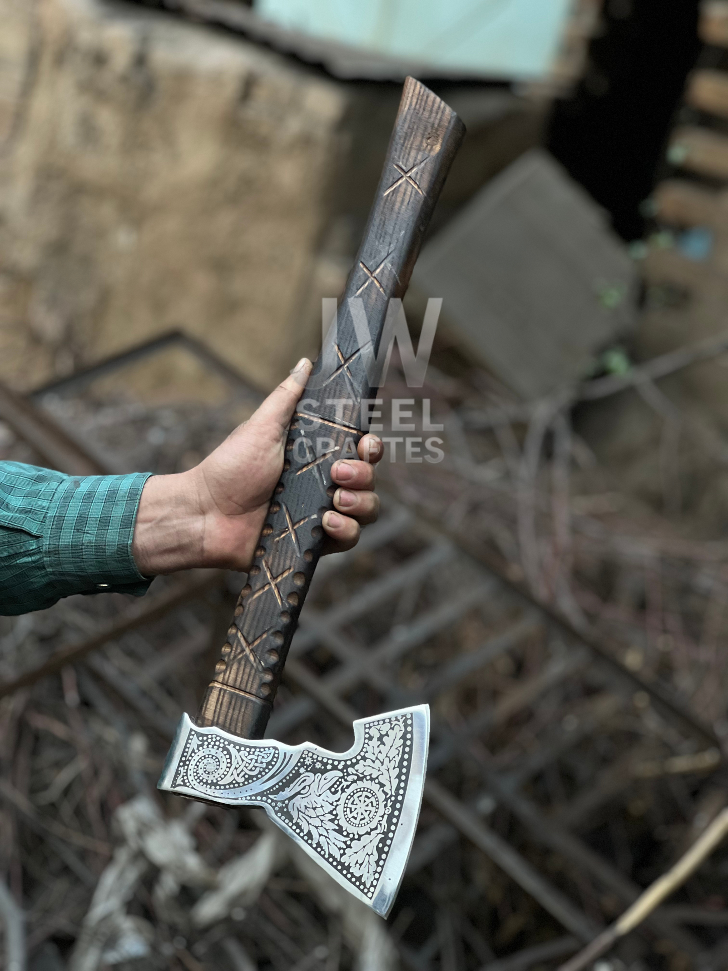 Handmade Viking Axe – Engraved Steel Head with Carved Wooden Handle