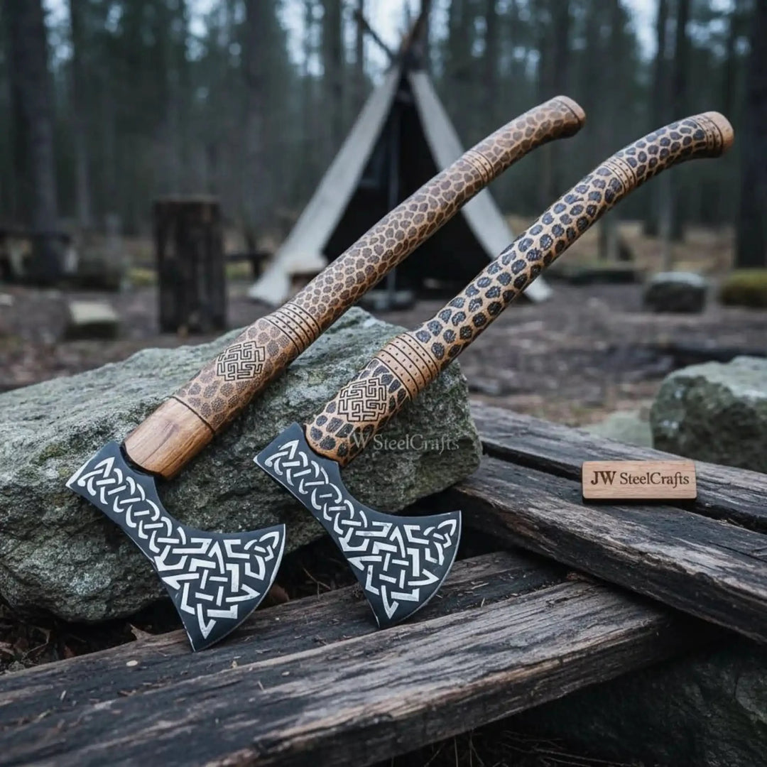 Zenfire-themed Norse battle axe collection with intricate Celtic blade artwork and textured wood craftsmanship.