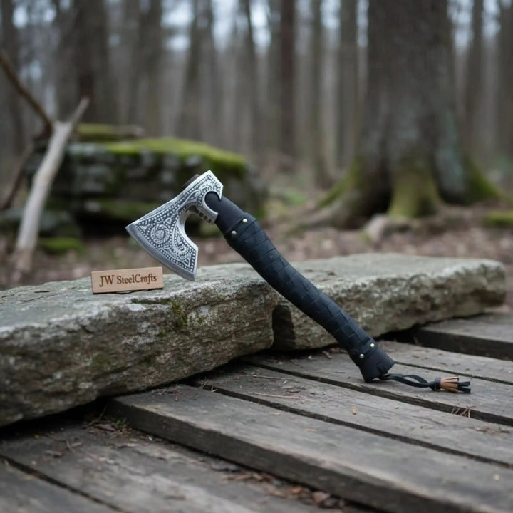 Handmade Viking axe with high carbon steel engraved blade, carved wooden handle and leather sheath on white background

