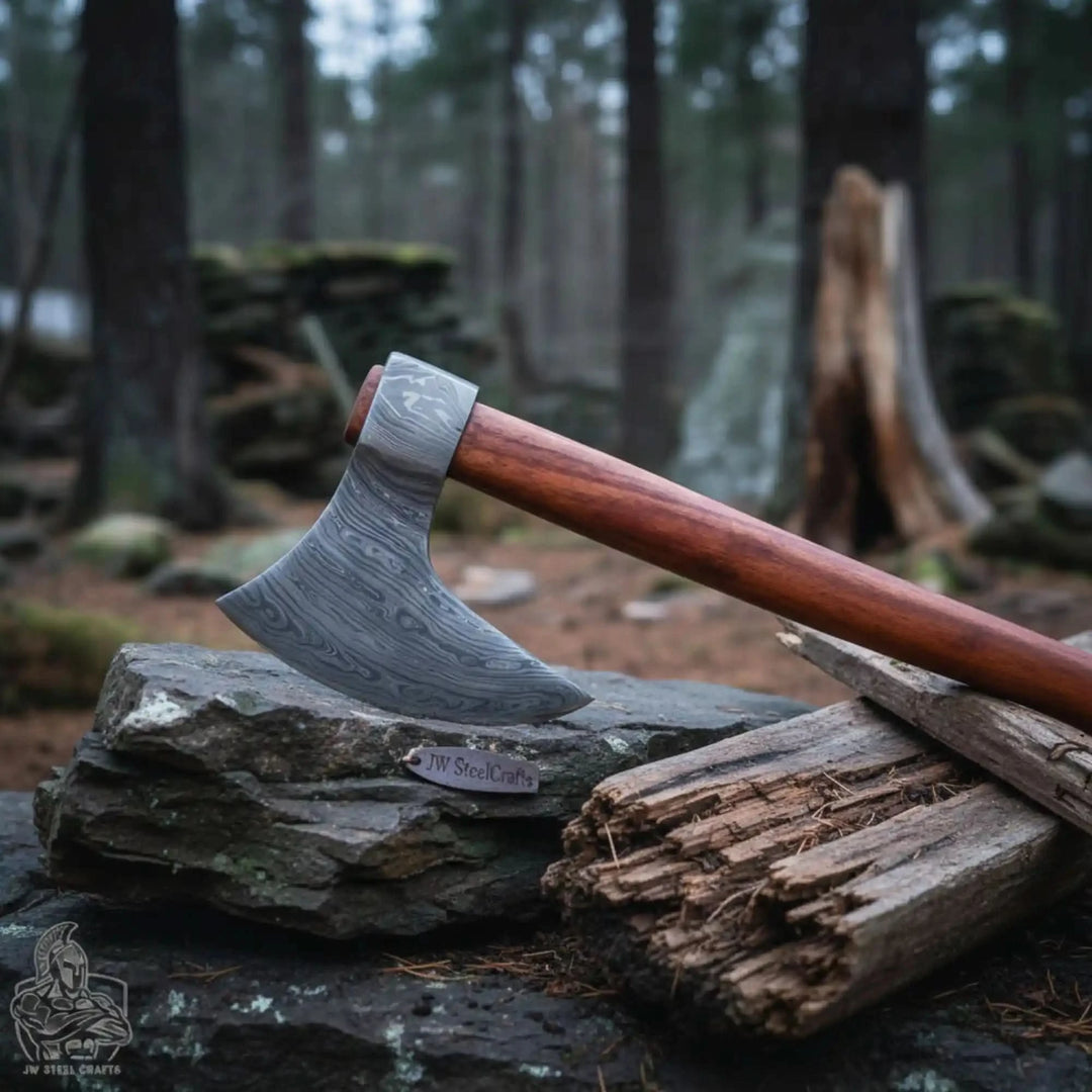 Bastionclaw-themed Norse battle axe featuring Damascus steel blade patterns and handcrafted hardwood handle outdoors.