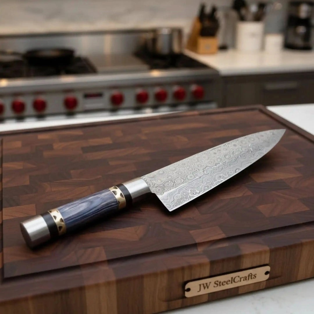 Cobalt grip Damascus kitchen blade with polished bolster and patterned steel finish