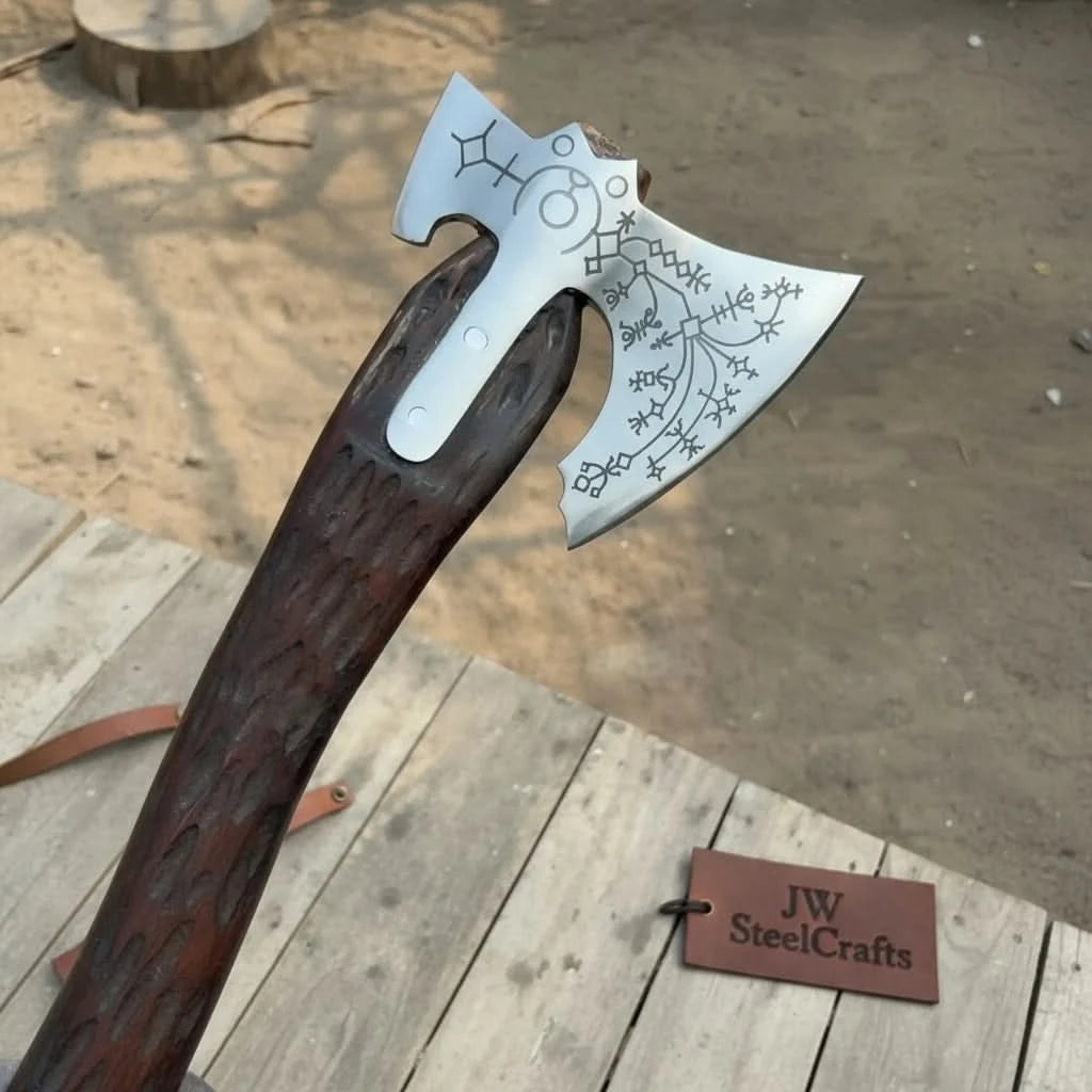 Carbon steel Viking double-bit axe side profile showing Norse rune etching on both sides of the hand forged steel head
