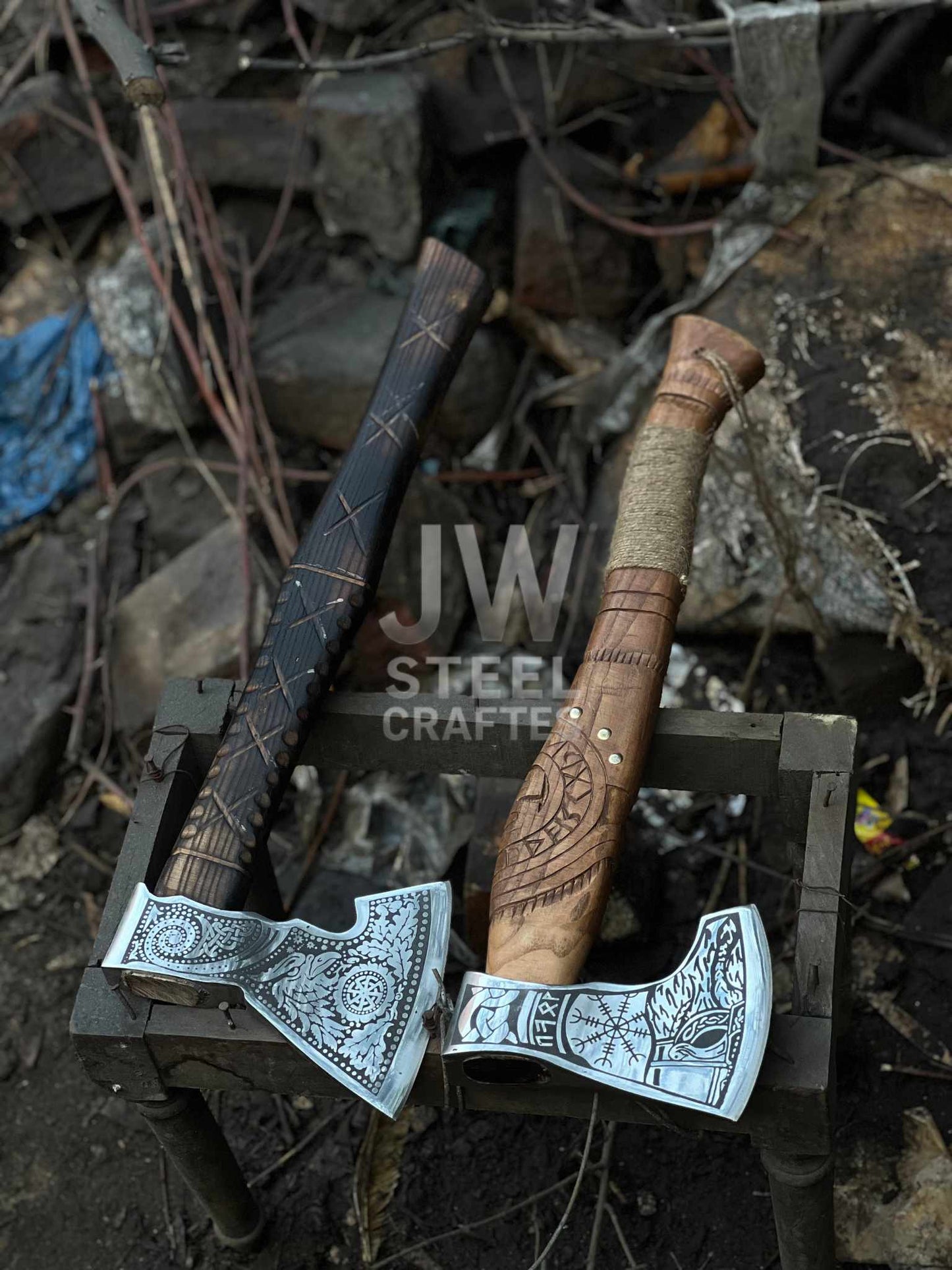 Handmade Viking Axe – Engraved Steel Head with Carved Wooden Handle