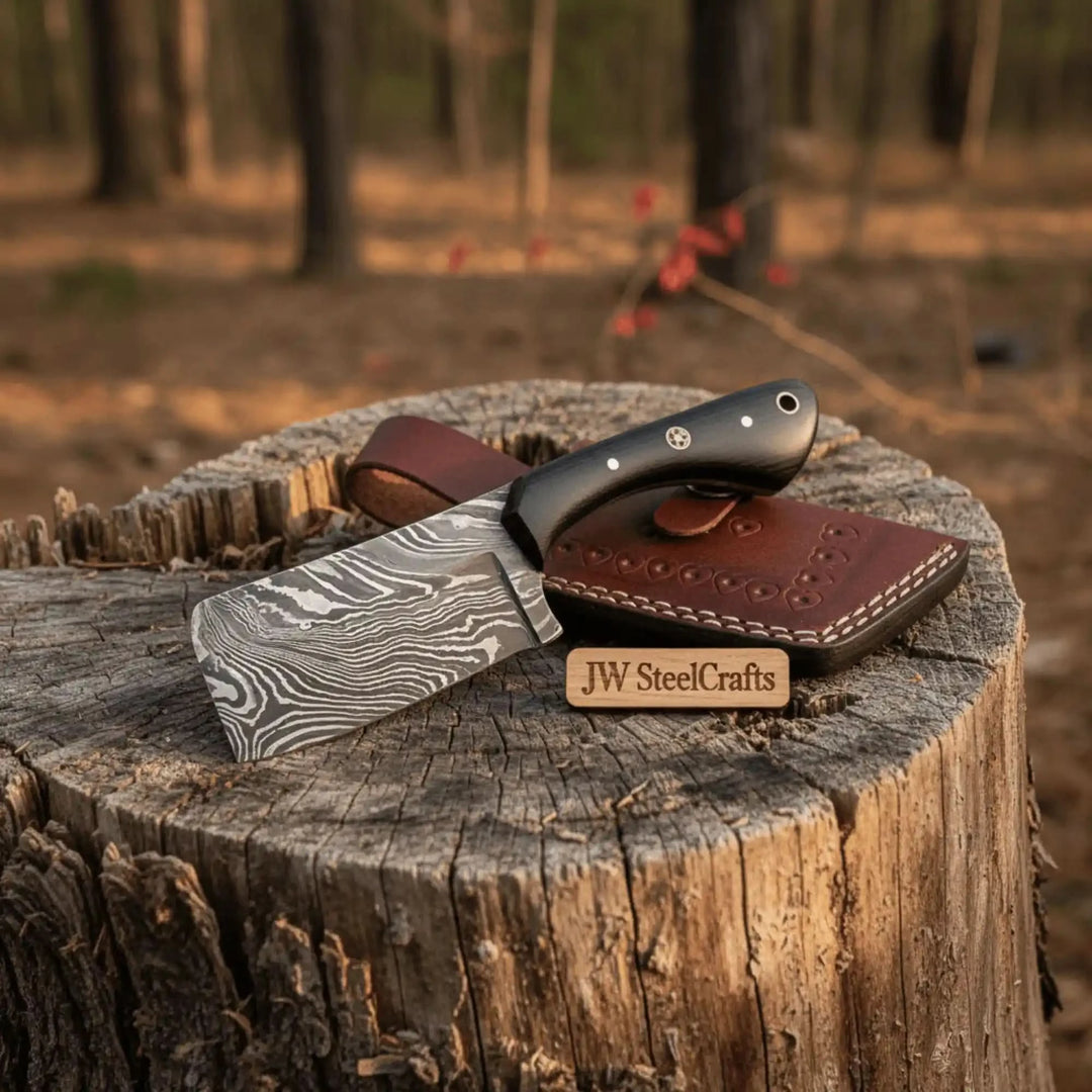 Polished edge Damascus cleaver case image showing black handle and leather sheath