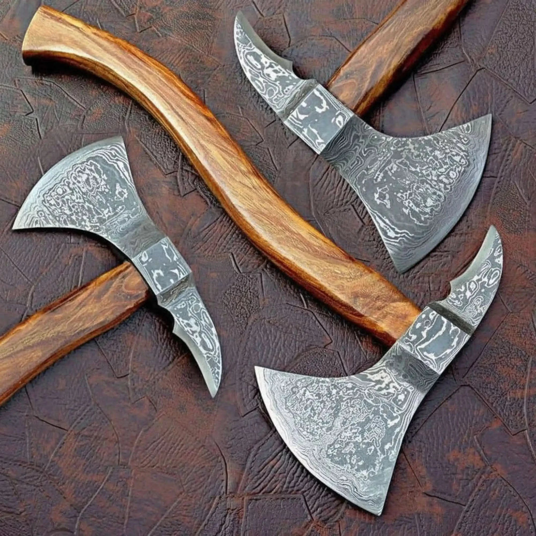 Traditional Norse axe featuring Damascus Heads and Sculpted Hardwood Shafts handmade Handmade Axe 