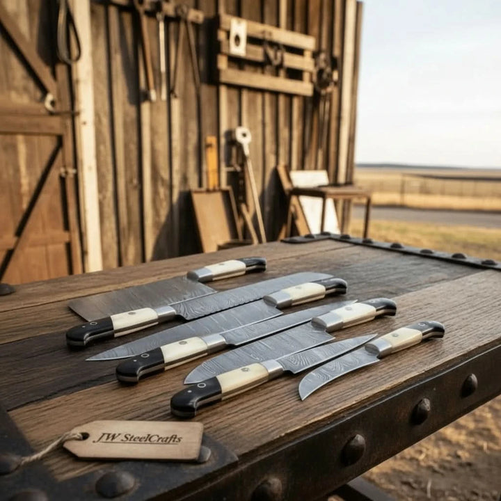 Elegant cooking blades with layered steel textures photographed to highlight professional culinary functionality and design.