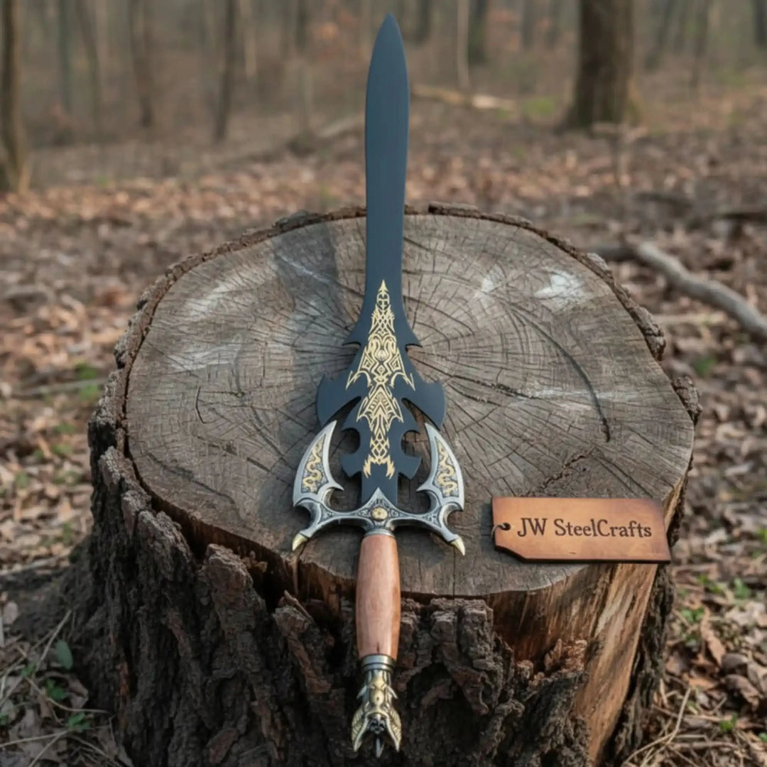 Upright display of a dark fantasy sword with a black tapered blade, elaborate gold engraved guard with wing-like cutouts, and a natural wood grip with ornate gold pommel on a rustic stump.
