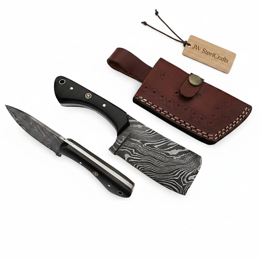 Tactical style cleaver with leather case and dramatic black silver patterned blade