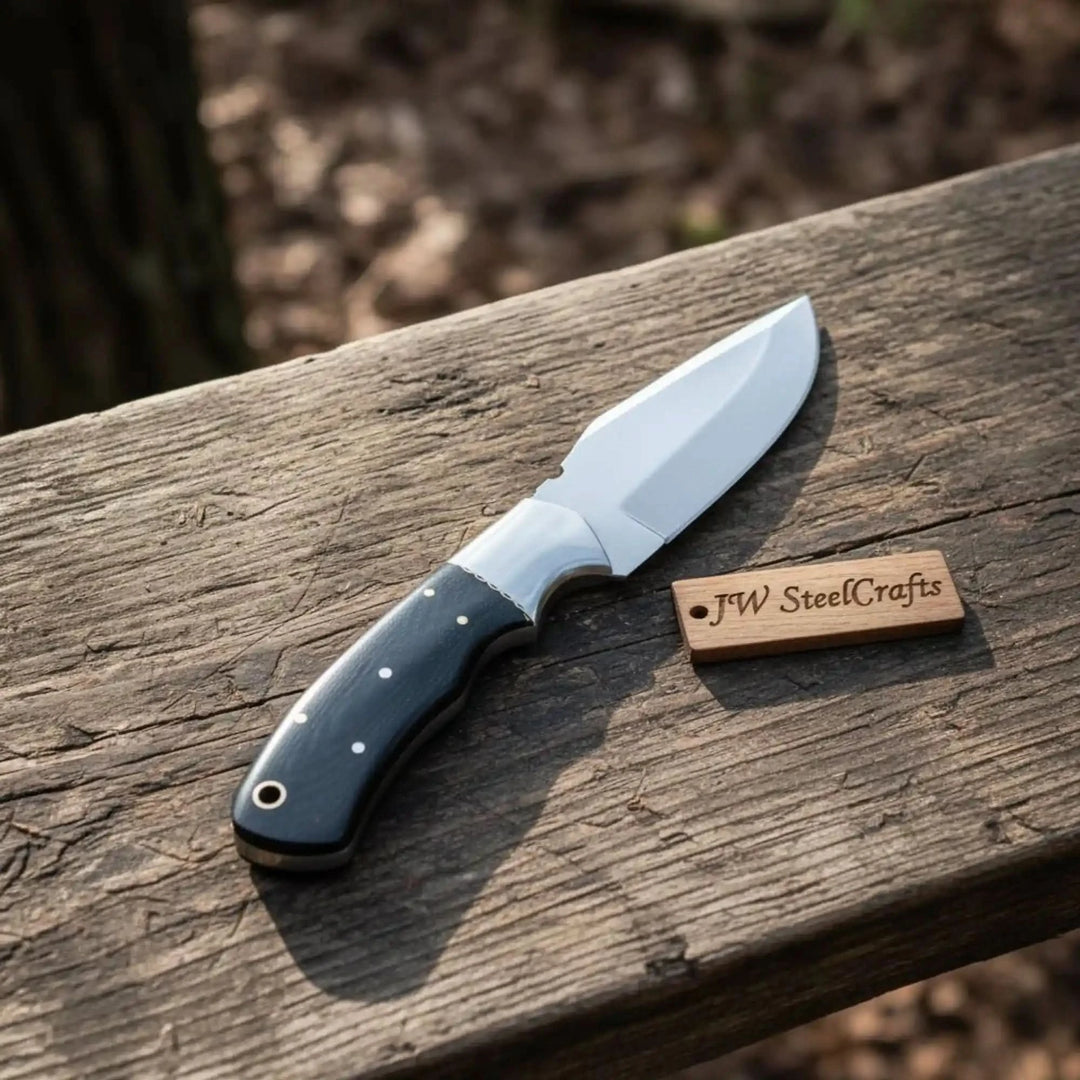 Handmade drop point knife featuring a black handle, polished blade, white bolster, and rustic woodland table display.