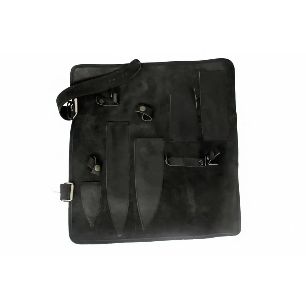 Leather apron displayed flat to showcase ergonomic storage system and handcrafted culinary craftsmanship details.