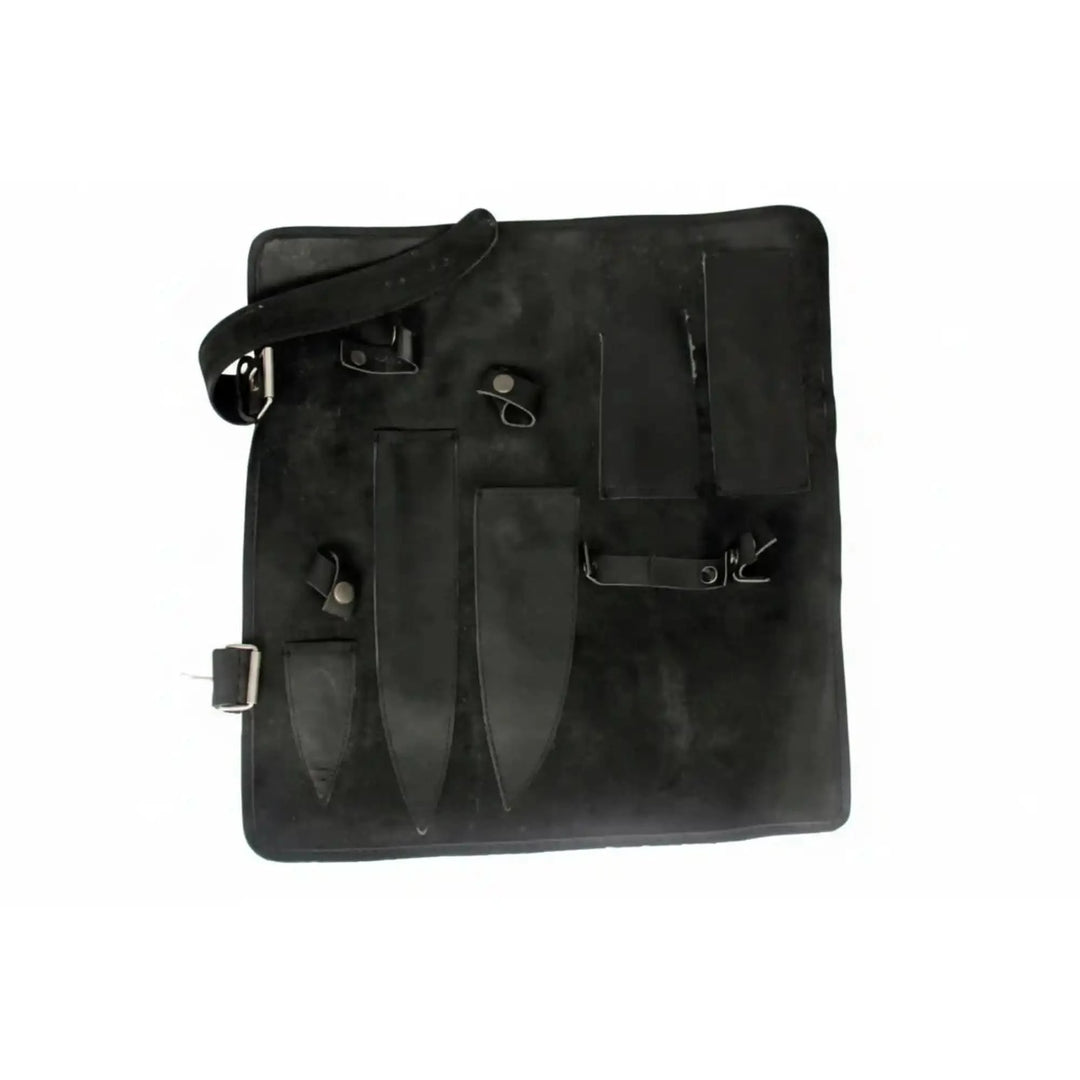 Leather apron displayed flat to showcase ergonomic storage system and handcrafted culinary craftsmanship details.
