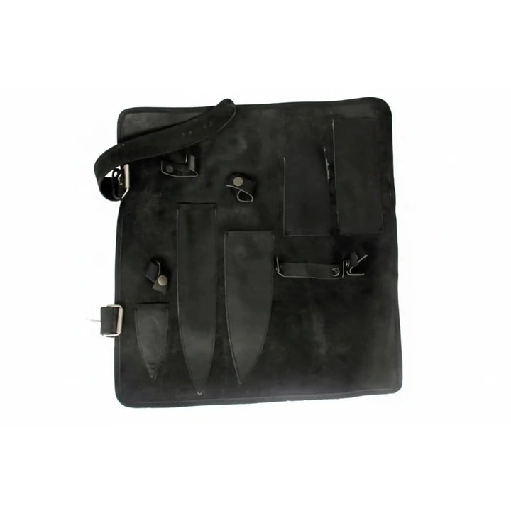 Leather apron displayed flat to showcase ergonomic storage system and handcrafted culinary craftsmanship details.
