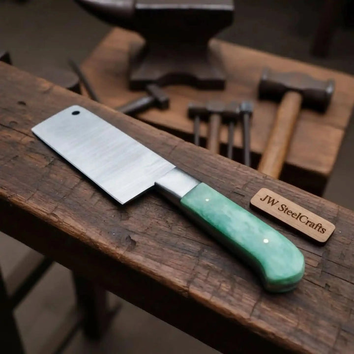 Mint green handle butcher cleaver with wide blade placed on a worn wooden bench