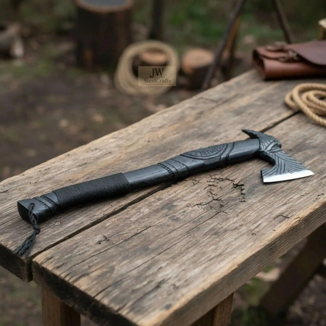 Dragonforge-themed Norse tactical hatchet featuring decorative Nordic engravings and rugged outdoor survival design.