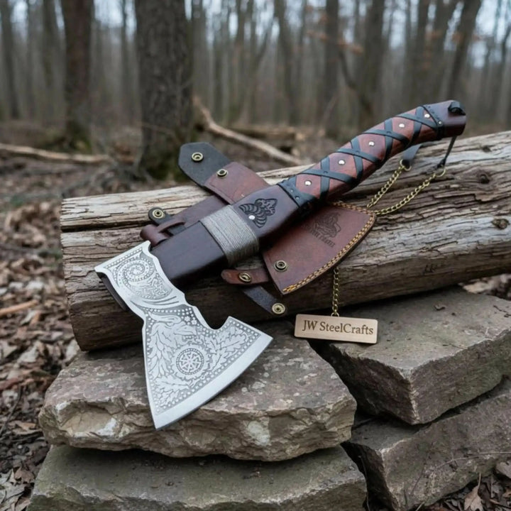 Ashforge-inspired Viking engraved war axe with ornate silver blade and leather-wrapped handle resting on a wooden stump.
