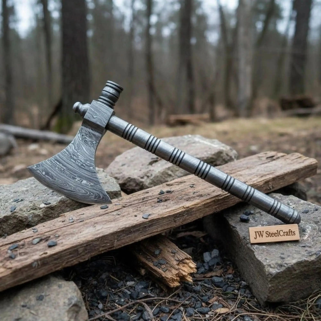 Apex-inspired Damascus battle axe with engraved steel blade and metallic tactical handle displayed on rustic forest logs.