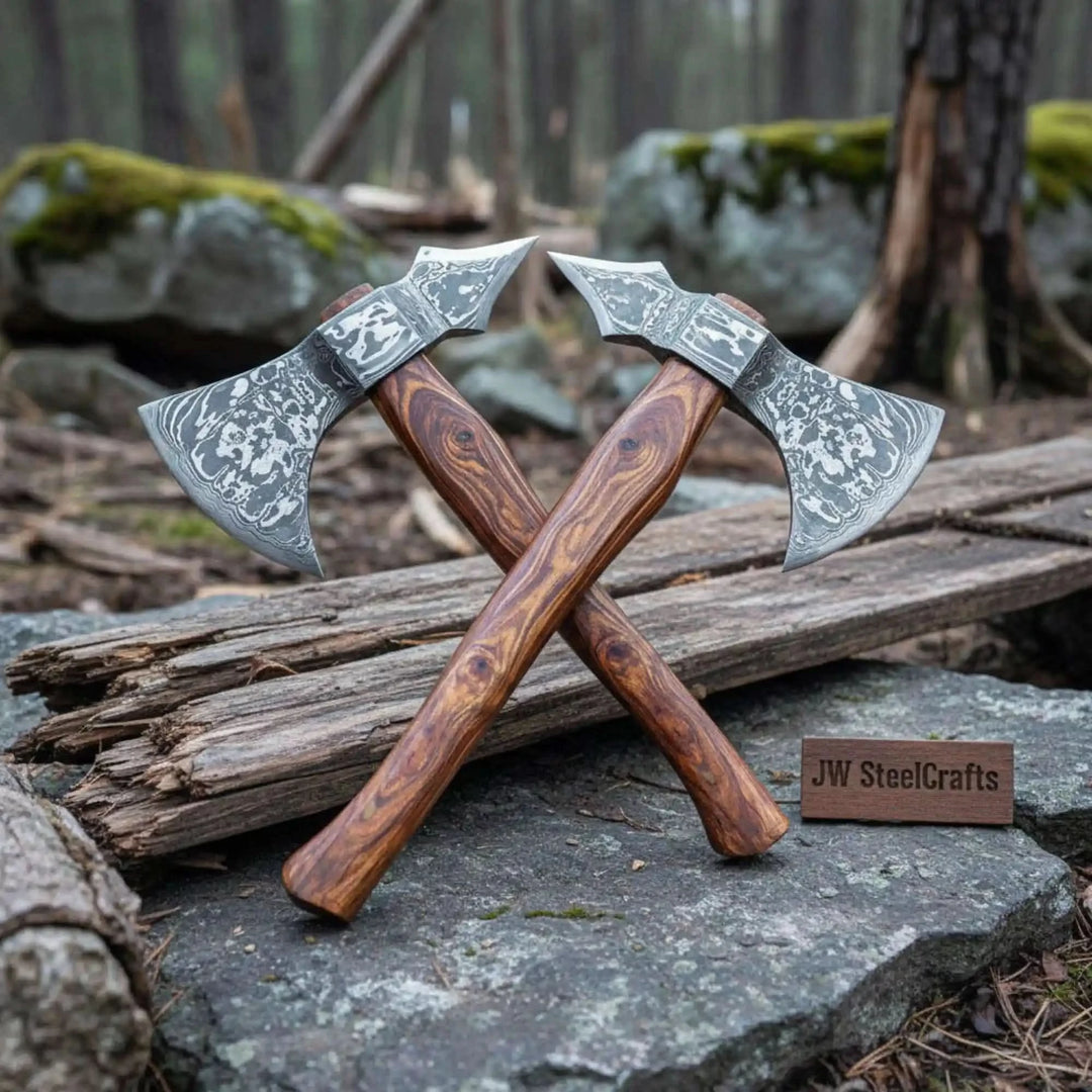     Crest-inspired Norse combat axes showcasing artistic steel engravings and crossed woodland presentation