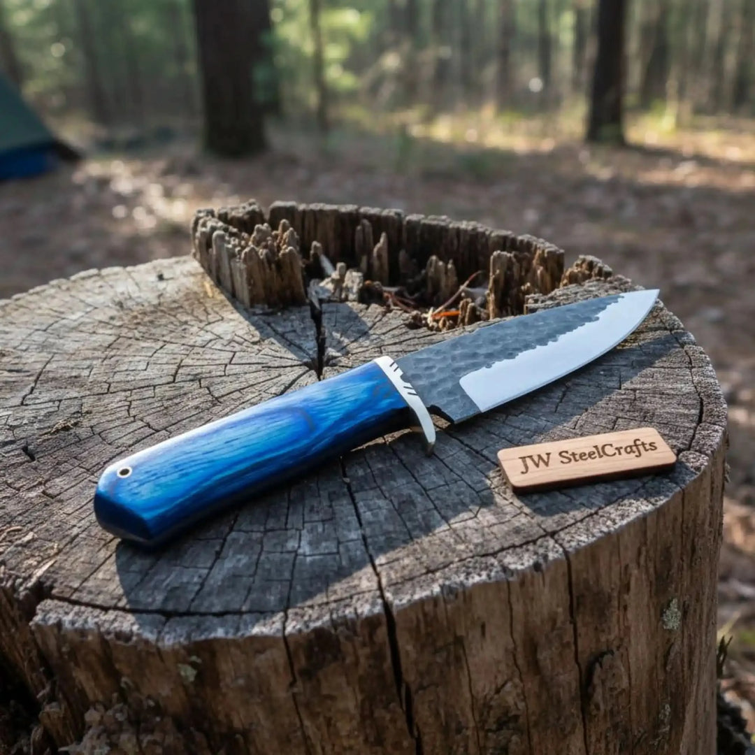 Forged camping knife with blue handle, hammered blade finish, polished cutting edge, and outdoor forest stump setting.