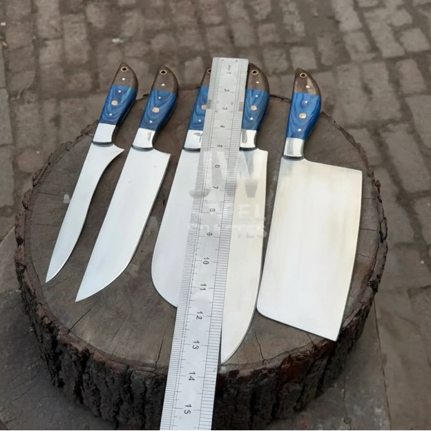 Professional chef knife set with ruler measurement, blue wooden handles, polished blades, and outdoor stump product display.