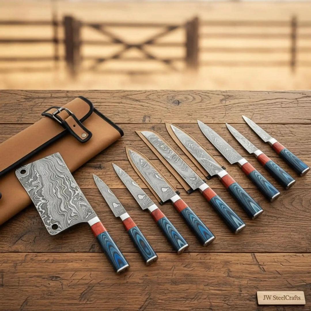 Resin grip Damascus steel knives with sharp edges and decorative layered blade textures.
