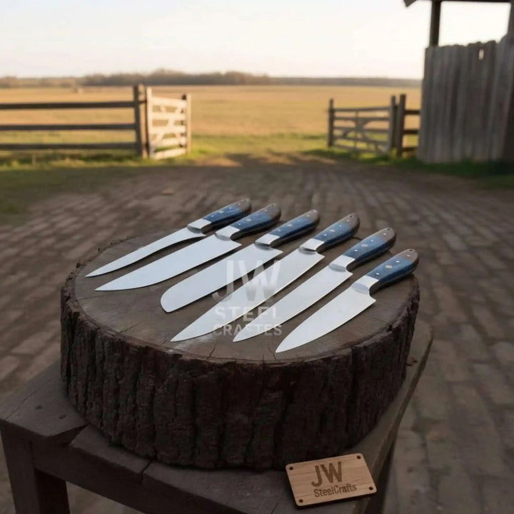 Professional 6-piece kitchen knife set with ergonomic blue wooden grips and high-quality blades.